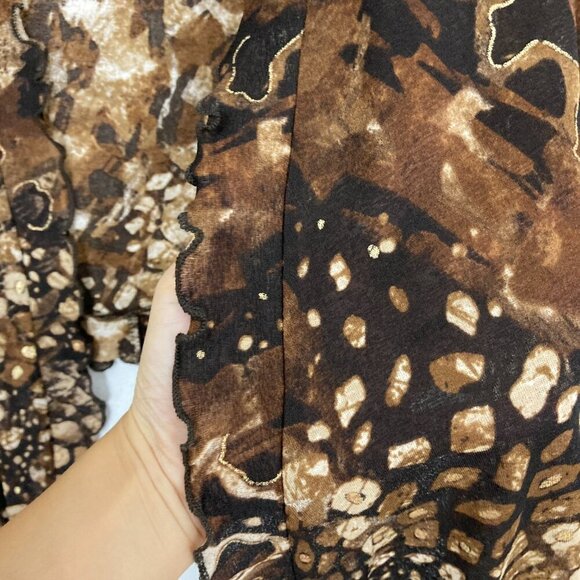 Chico's Brown Black Open Front Draped Lettuce Hem Stretch Cardigan XL/3 Preppy - Picture 7 of 9